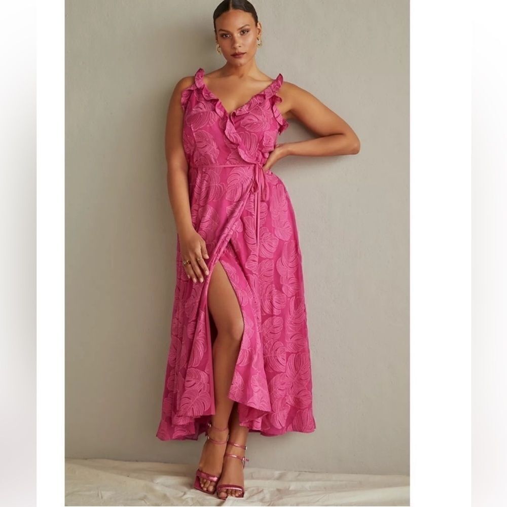 Anthropologie Hutch Lindy Leaves Print Pink Wrap Dress Medium Petite